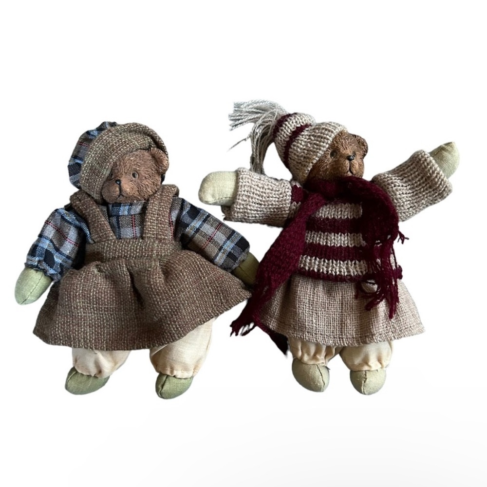 Vintage Primitive Teddy Bears Set of 2 Winter Holiday Folk Art Country Decor
